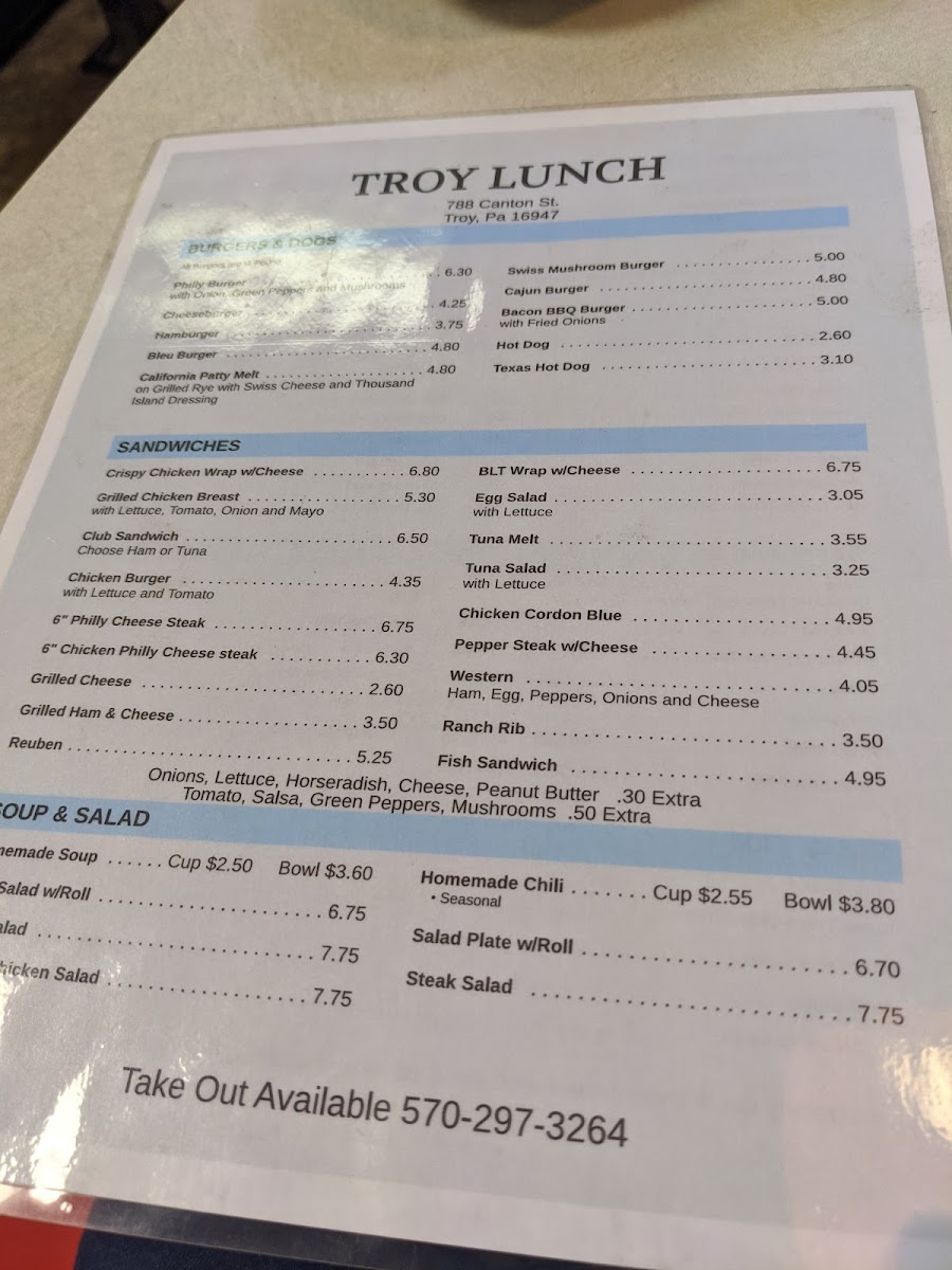 Troy Lunch menu board