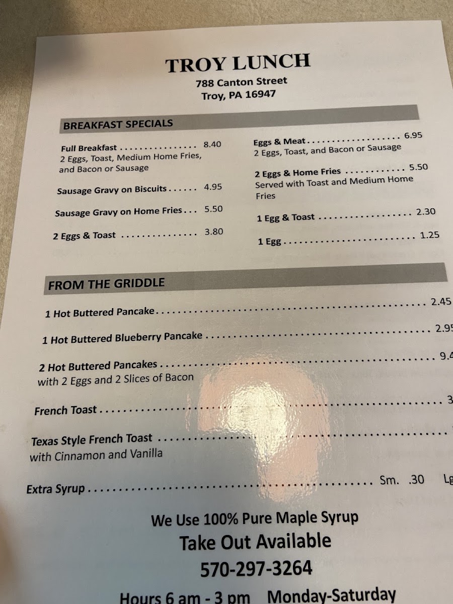 Troy Lunch menu board