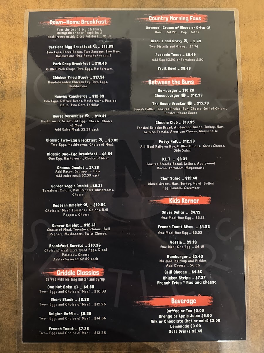 North 40 Settler's menu board