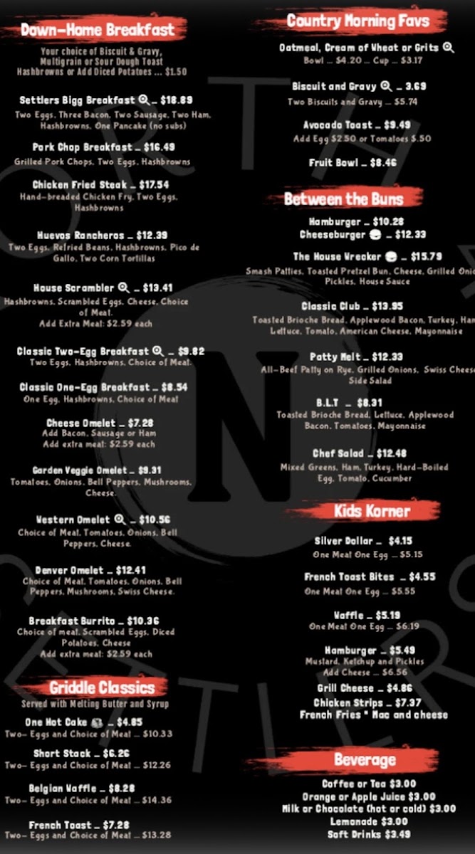 North 40 Settler's menu board