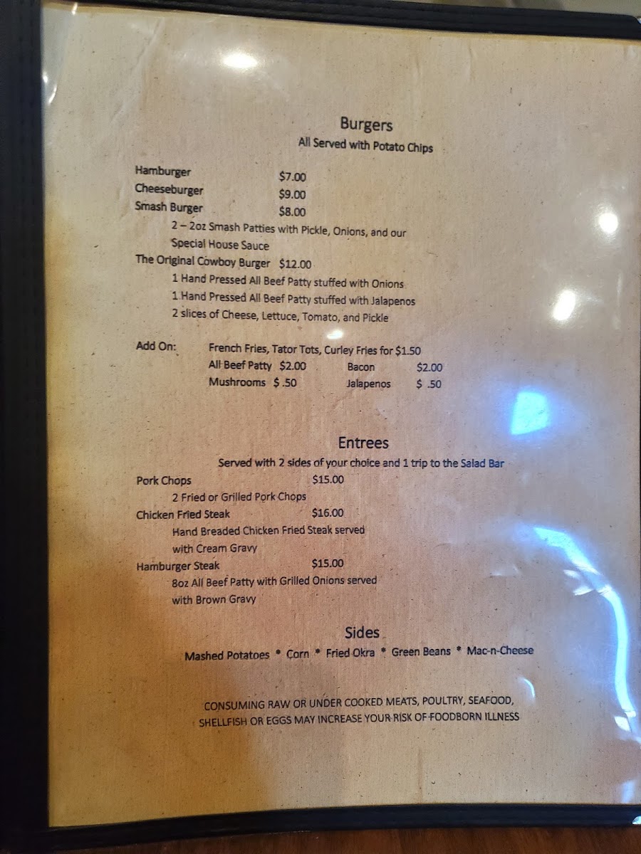 North 40 Settler's menu board