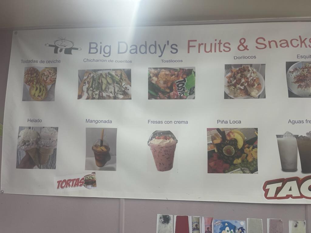 Big Daddy's Fruits and Snacks menu board
