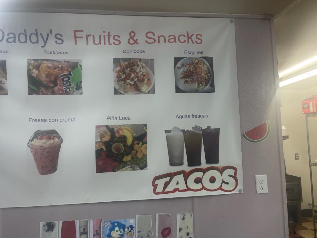 Big Daddy's Fruits and Snacks menu board