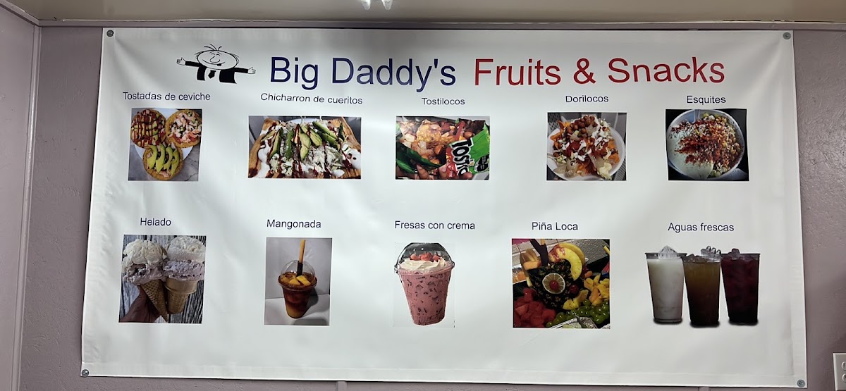 Big Daddy's Fruits and Snacks menu board