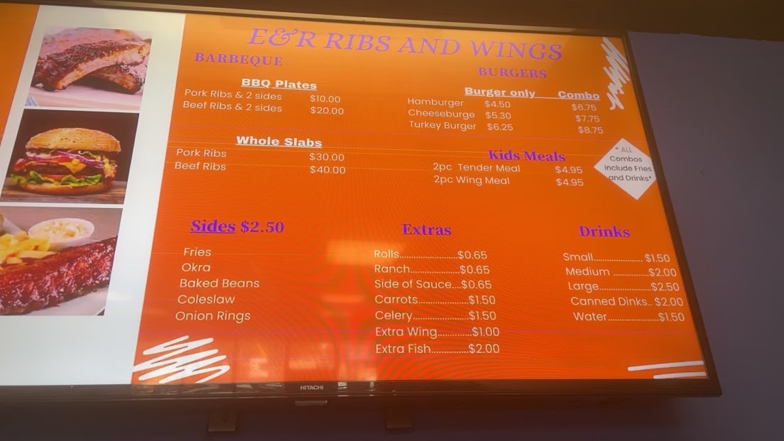 E&R Ribs and Wings menu board