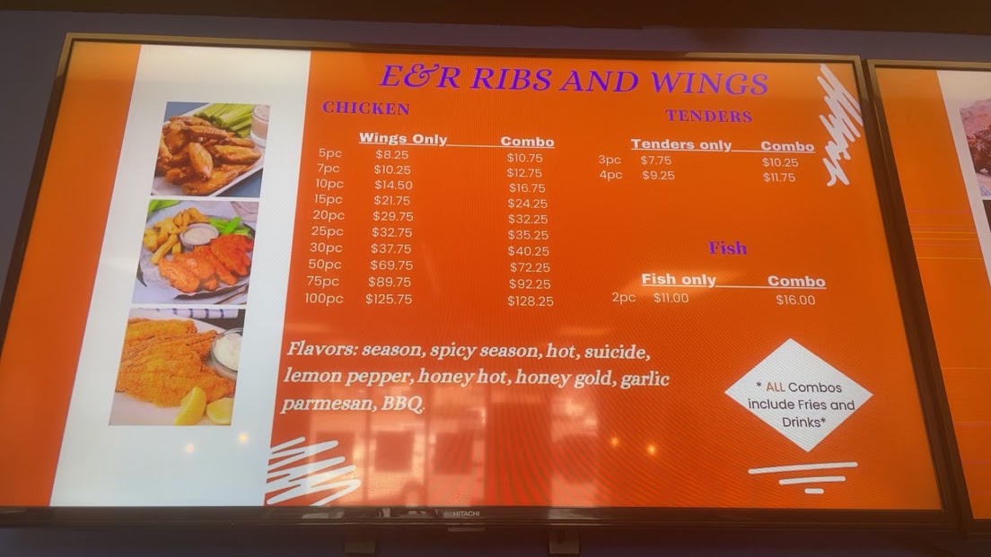 E&R Ribs and Wings menu board