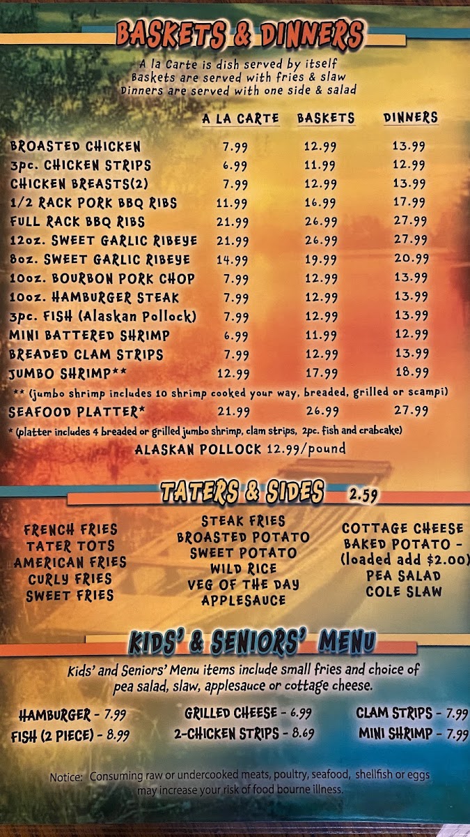 Wall Lake Tavern menu board