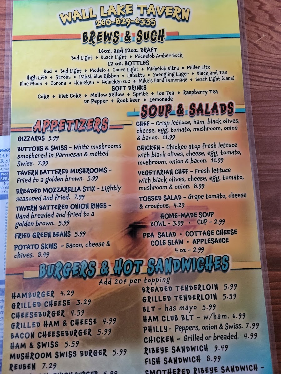 Wall Lake Tavern menu board