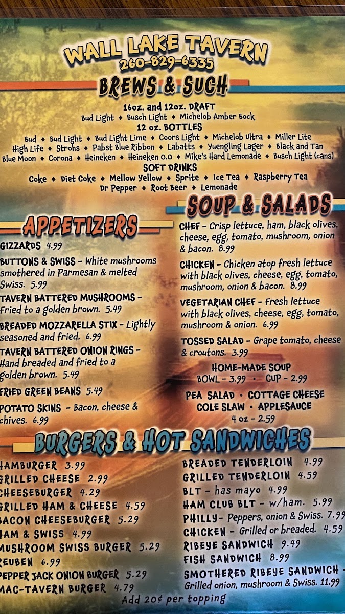Wall Lake Tavern menu board