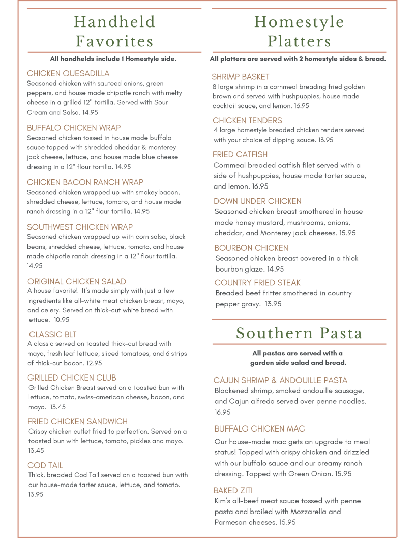 Kim’s Southern Table menu board