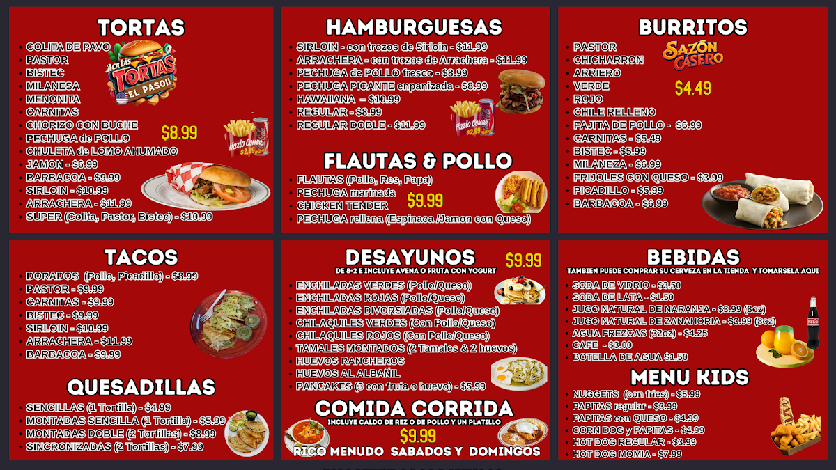 Aca Las Tortas EL PASO menu board
