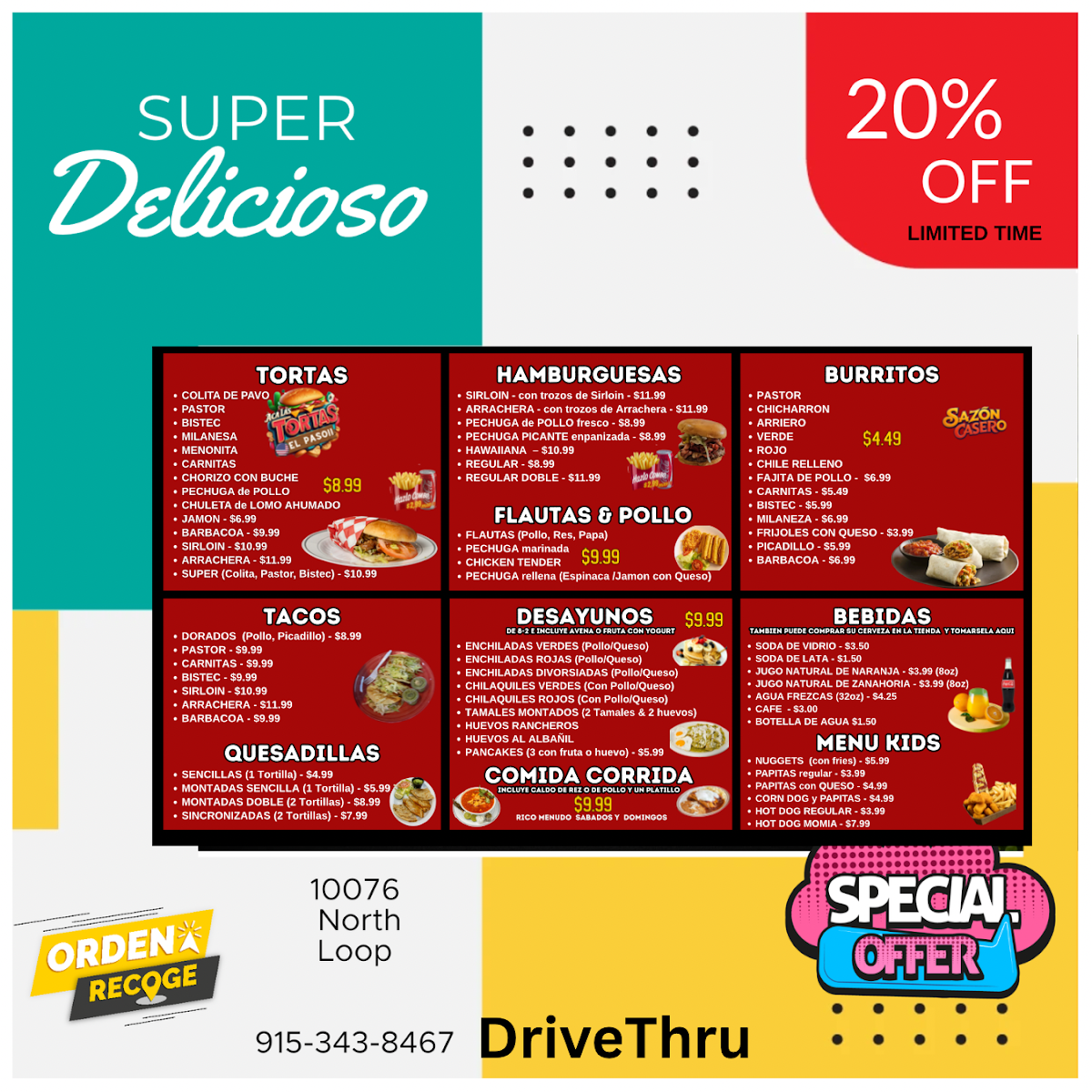 Aca Las Tortas EL PASO menu board