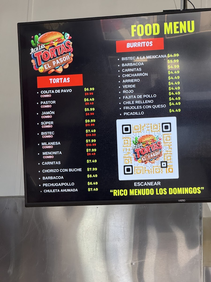Aca Las Tortas EL PASO menu board