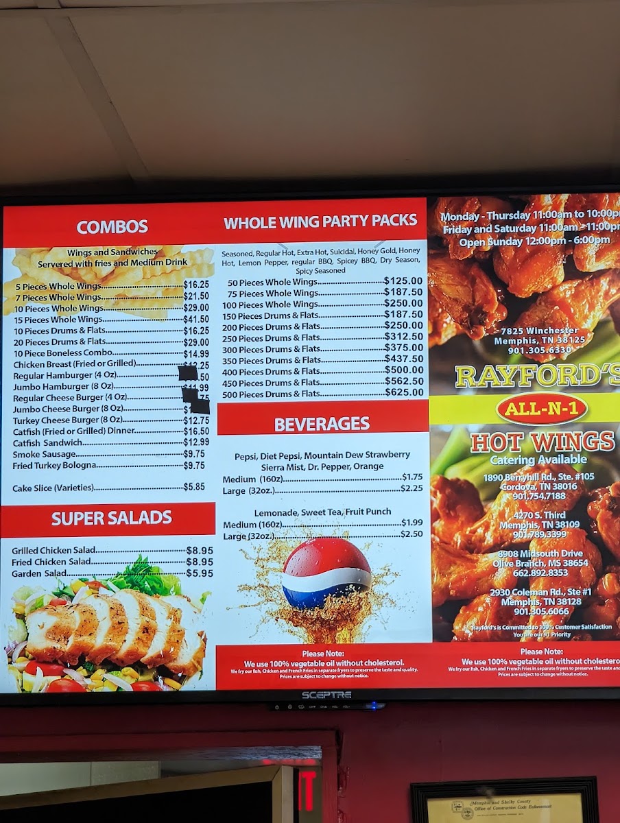 Rayford’s Hotwings - Raleigh menu board