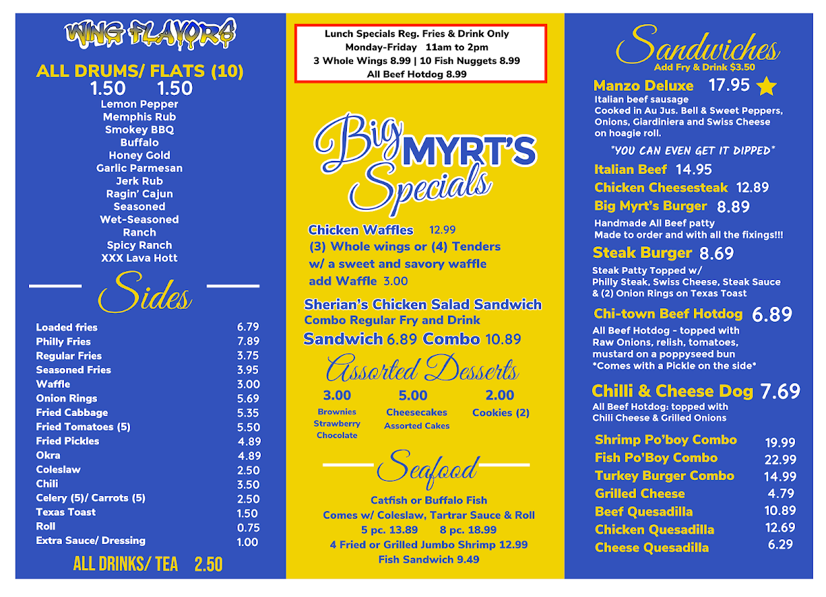 Big Myrt's Wings and Things menu board