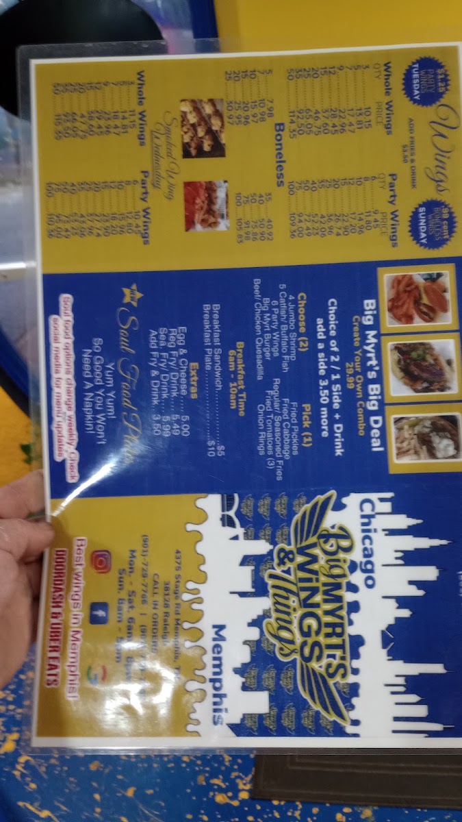 Big Myrt's Wings and Things menu board