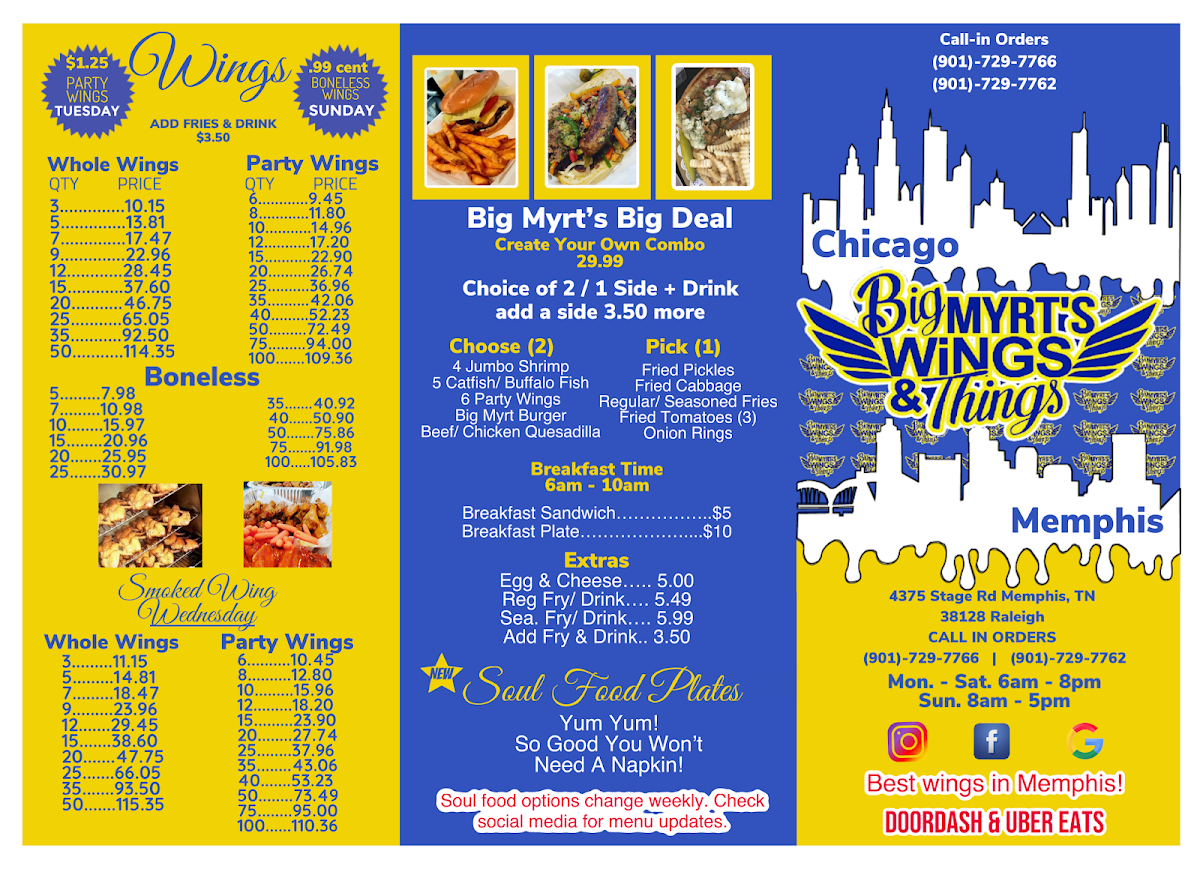 Big Myrt's Wings and Things menu board