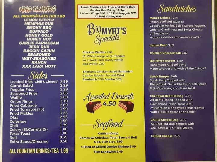 Big Myrt's Wings and Things menu board