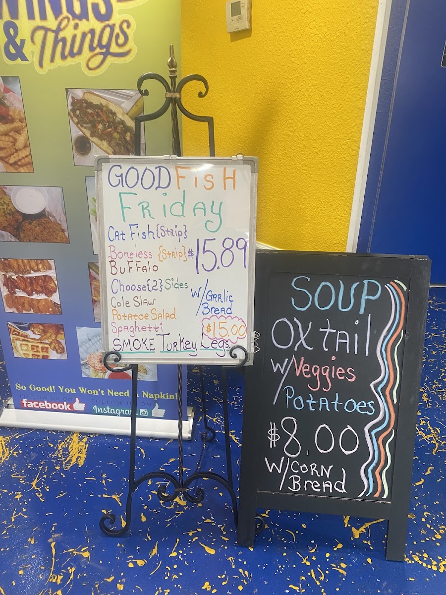 Big Myrt's Wings and Things menu board
