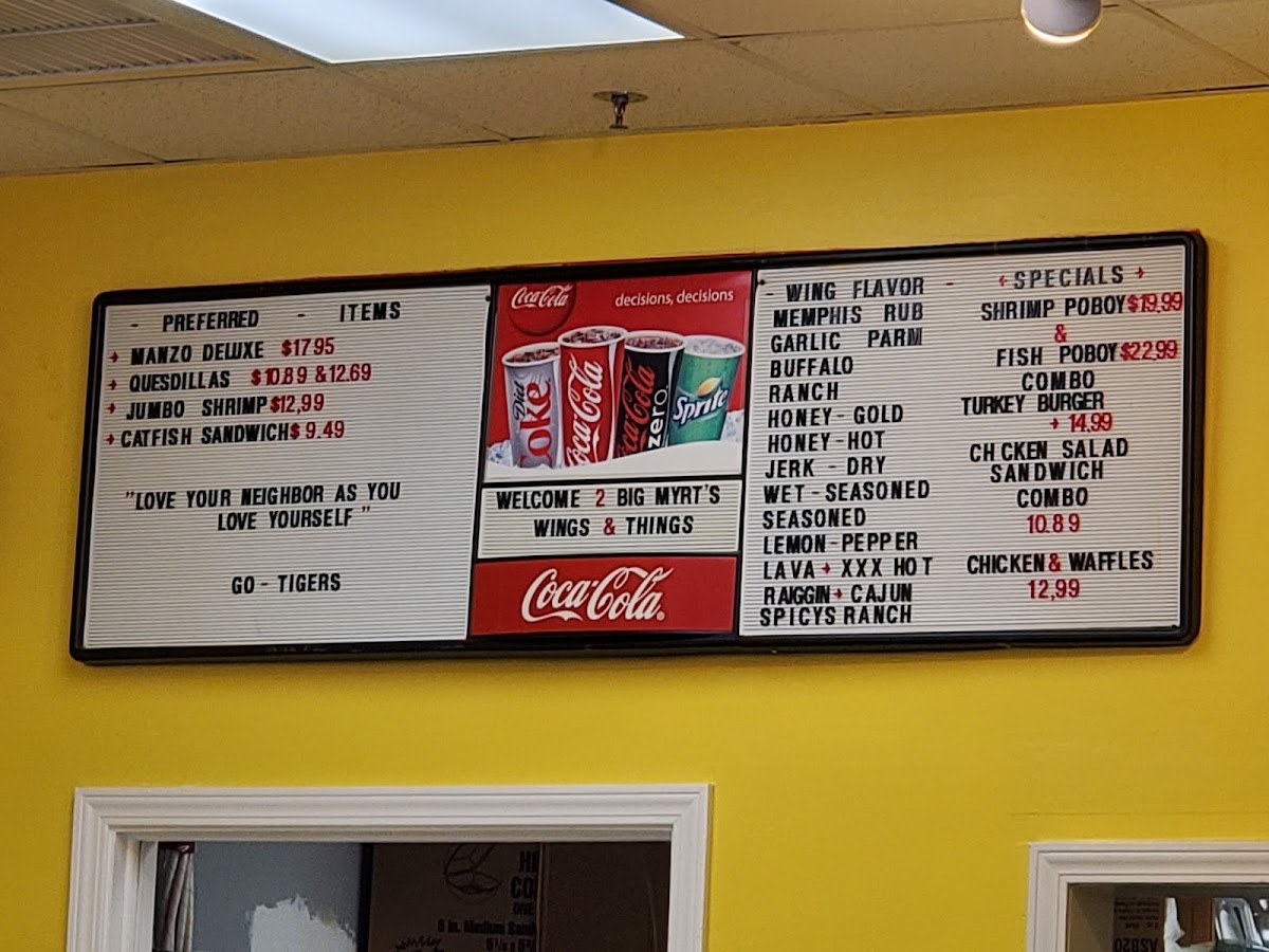 Big Myrt's Wings and Things menu board