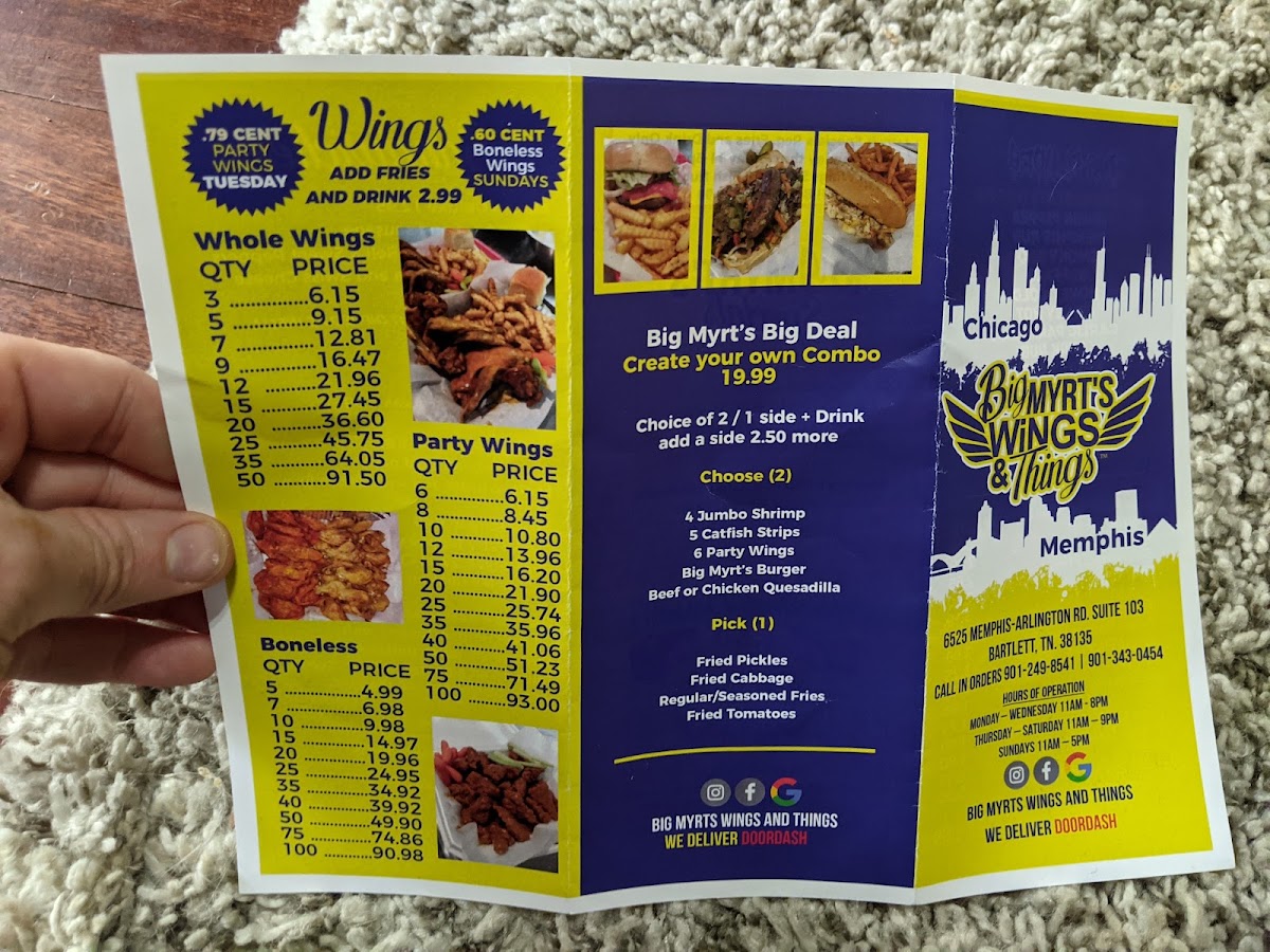 Big Myrt's Wings and Things menu board