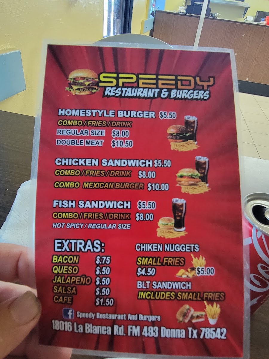 Speedy Restaurant and Burgers menu board