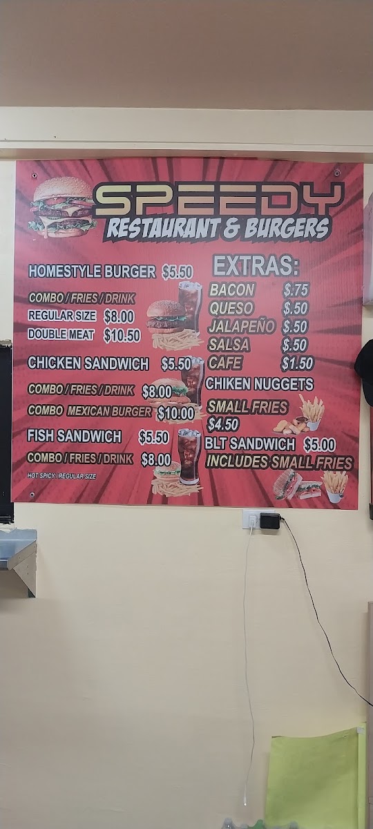 Speedy Restaurant and Burgers menu board