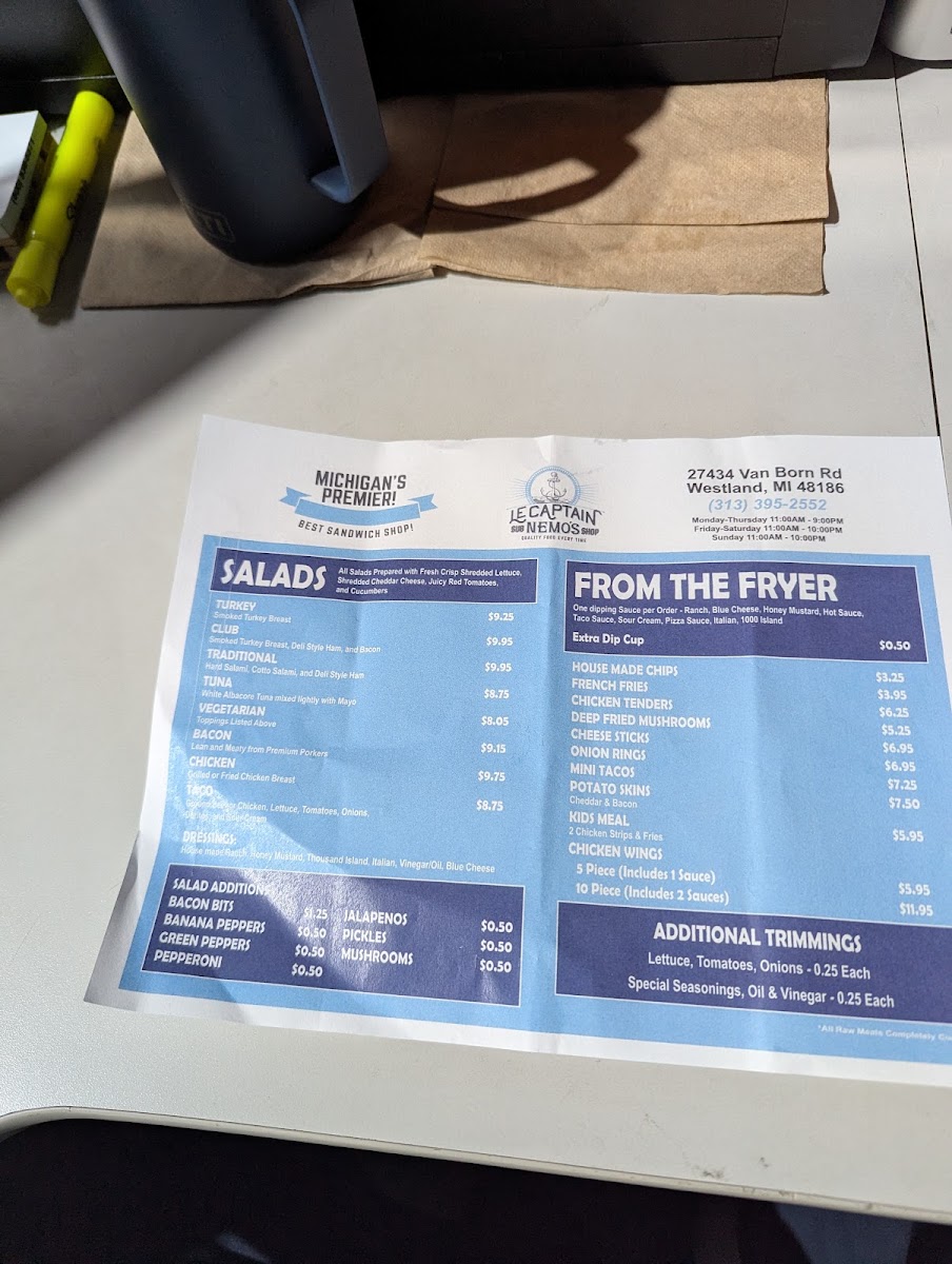 Le Captain Nemo's Subs menu board