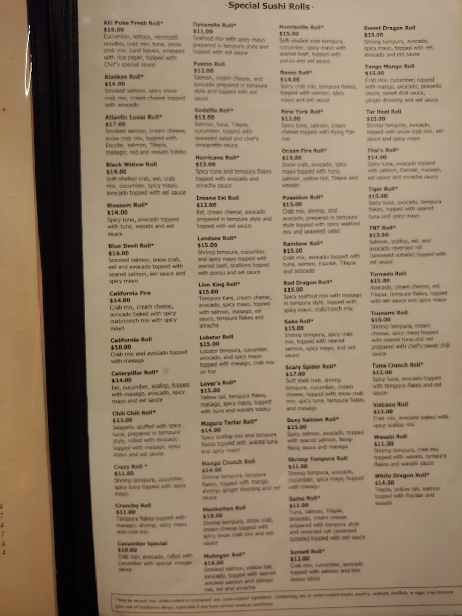 Sushi Iwa Morrisville menu board