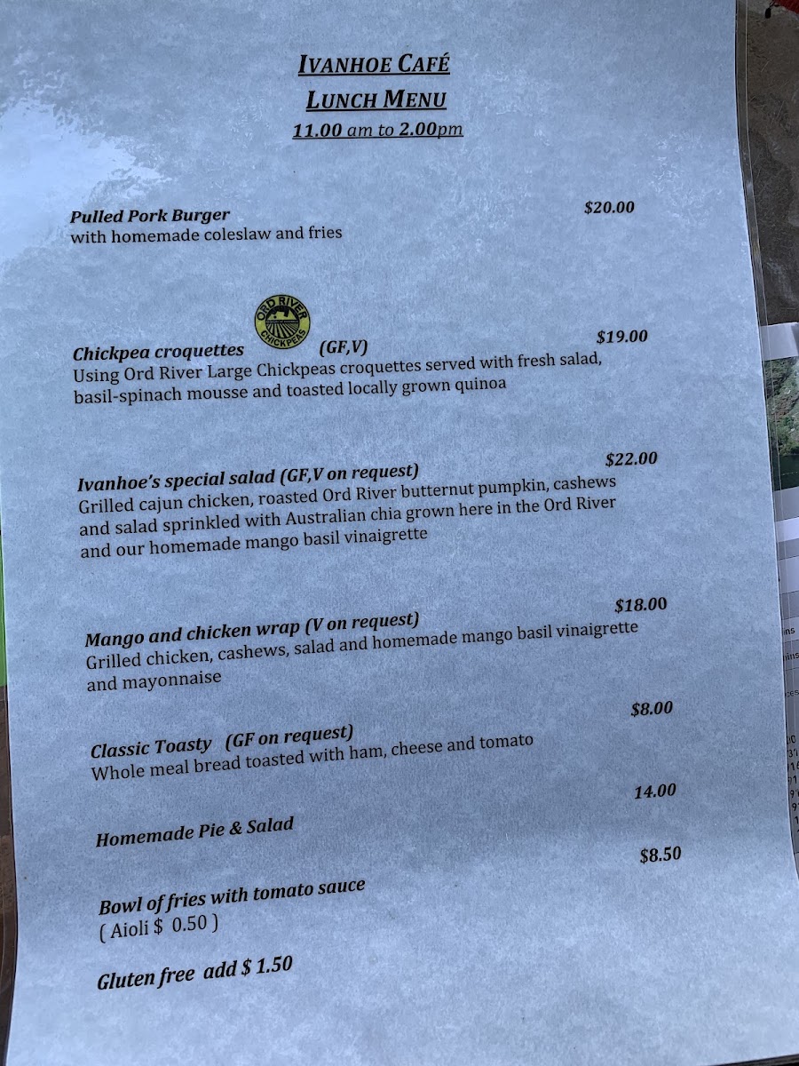 Ivanhoe Cafe menu board
