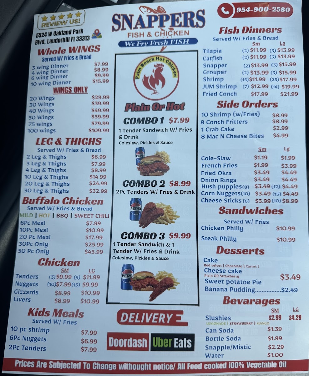 Snappers Fish & Chicken menu board