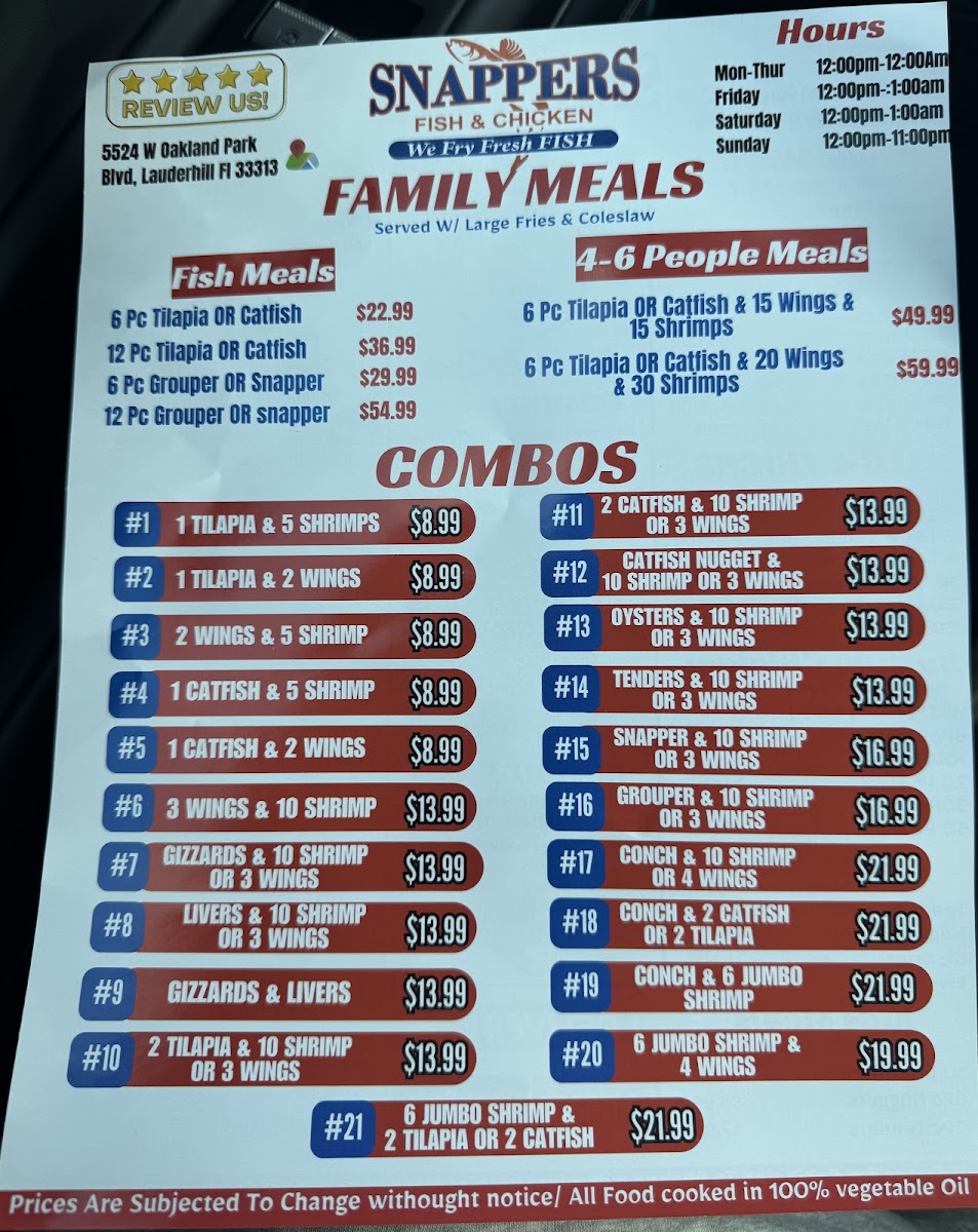 Snappers Fish & Chicken menu board