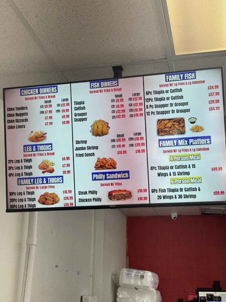Snappers Fish & Chicken menu board
