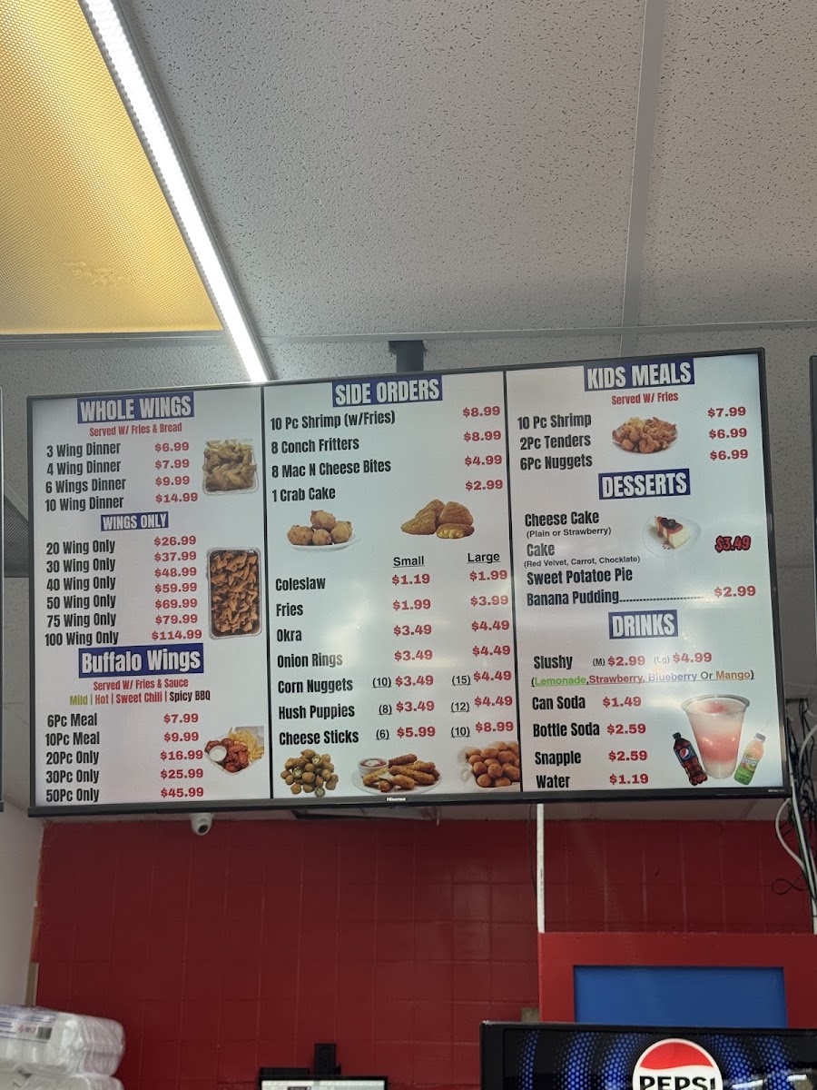 Snappers Fish & Chicken menu board