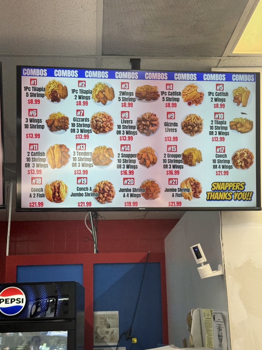 Snappers Fish & Chicken menu board
