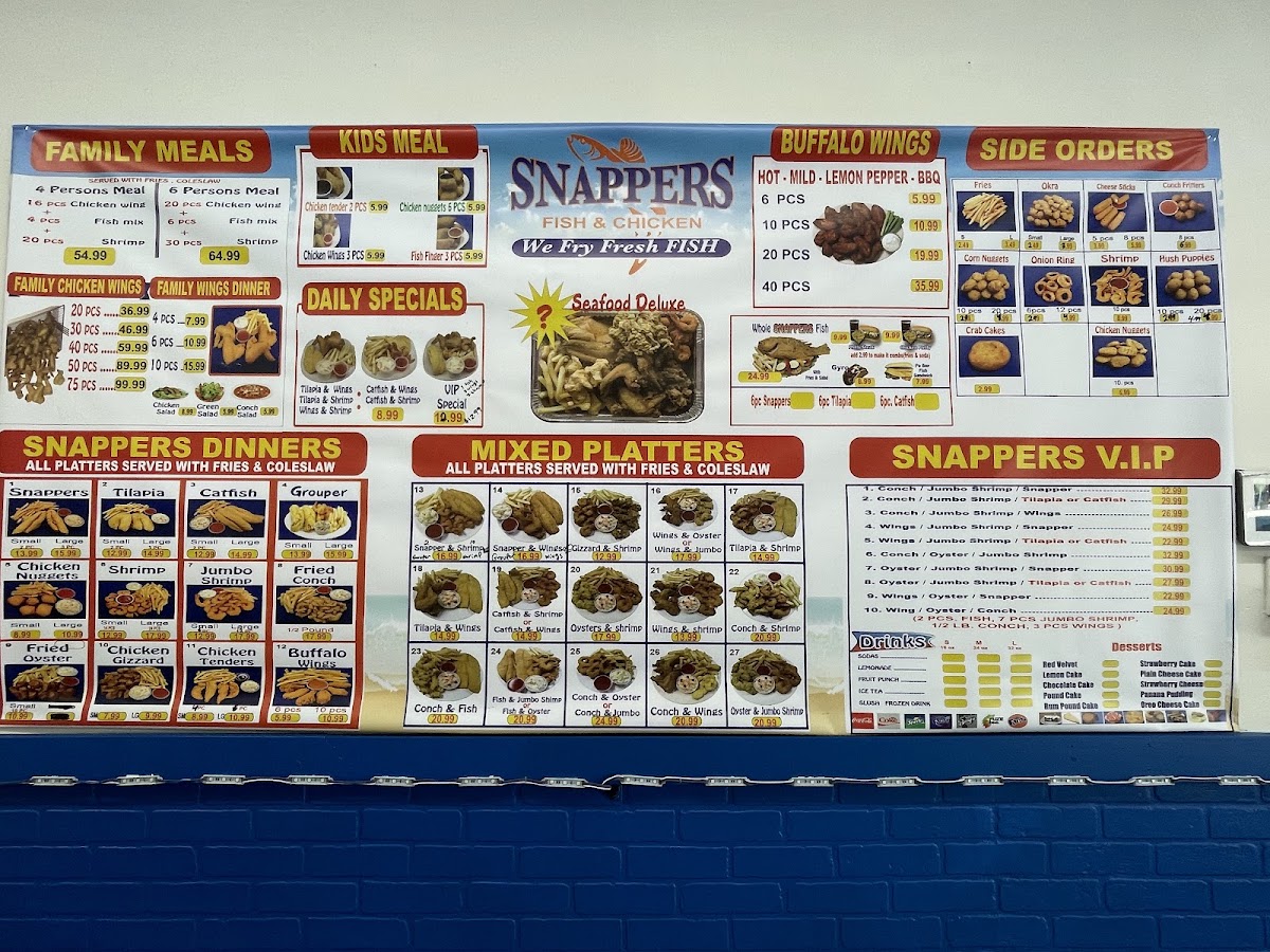 Snappers Fish & Chicken menu board
