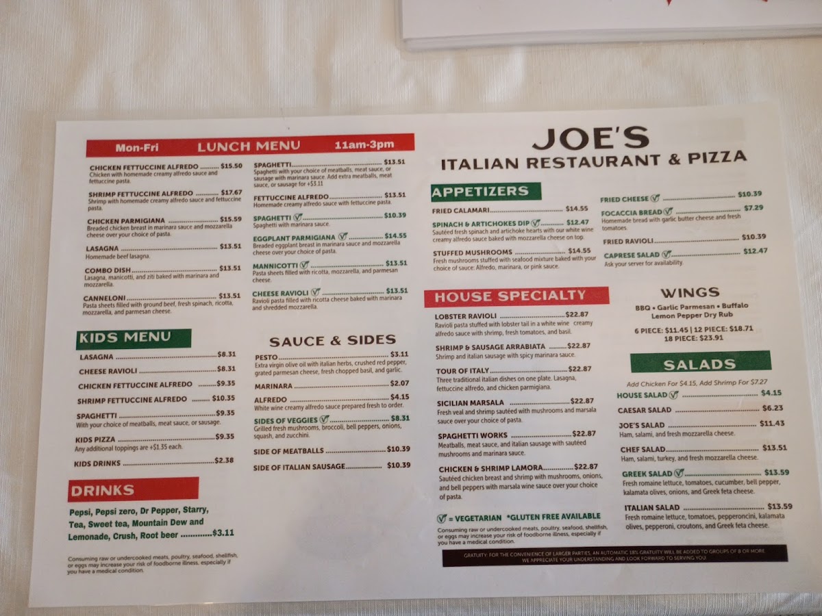 Joe's Italian Restaurant menu board