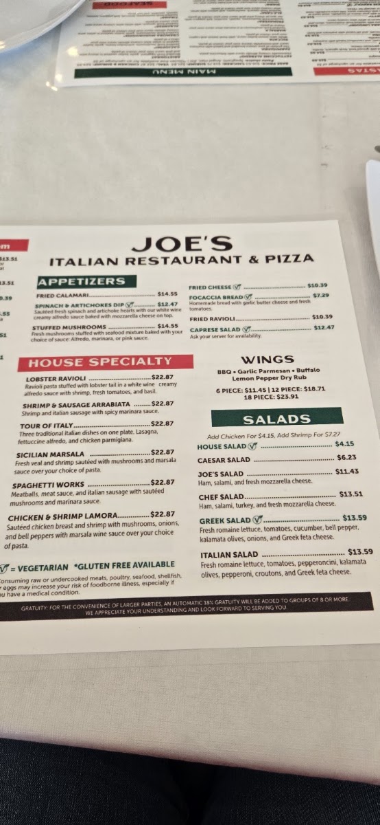 Joe's Italian Restaurant menu board