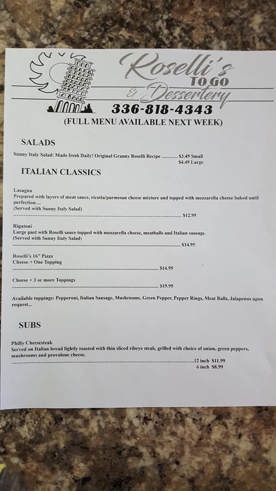 Roselli’s To Go & Dessertery menu board