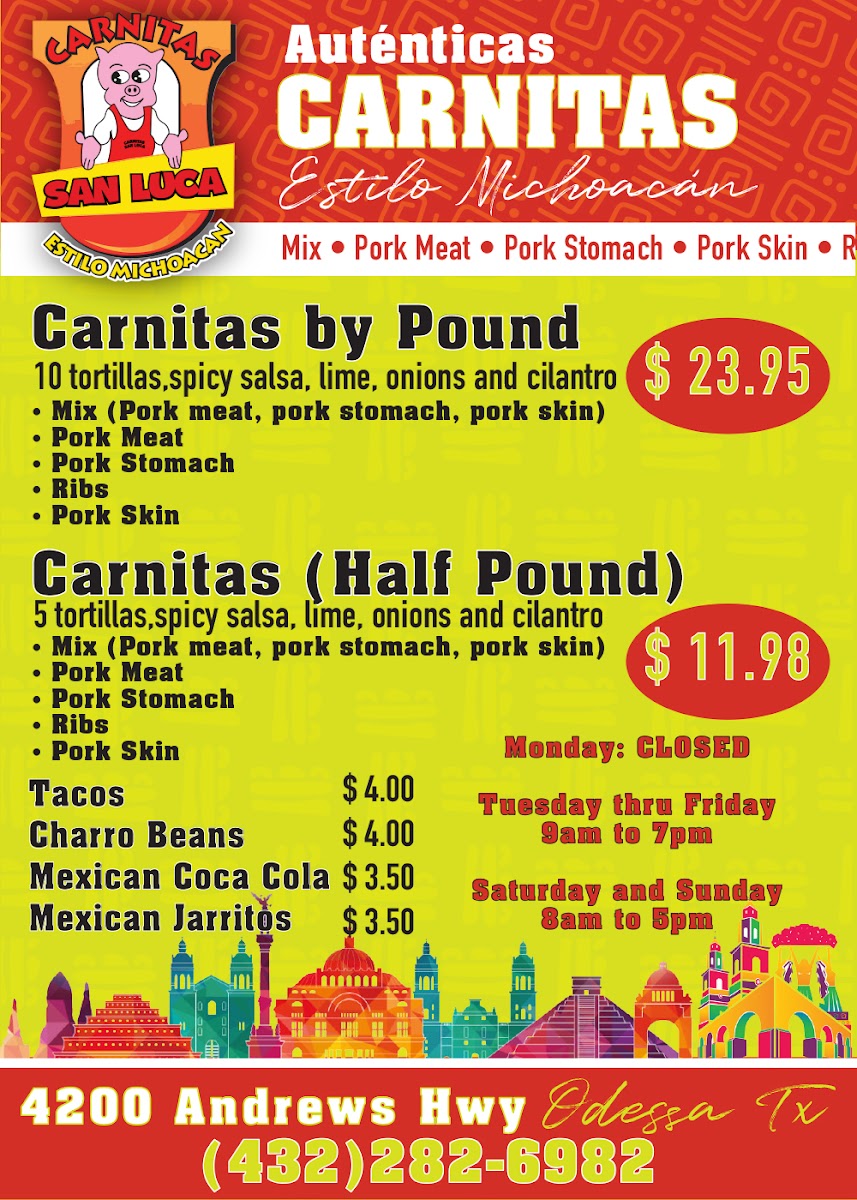 Carnitas San Luca menu board