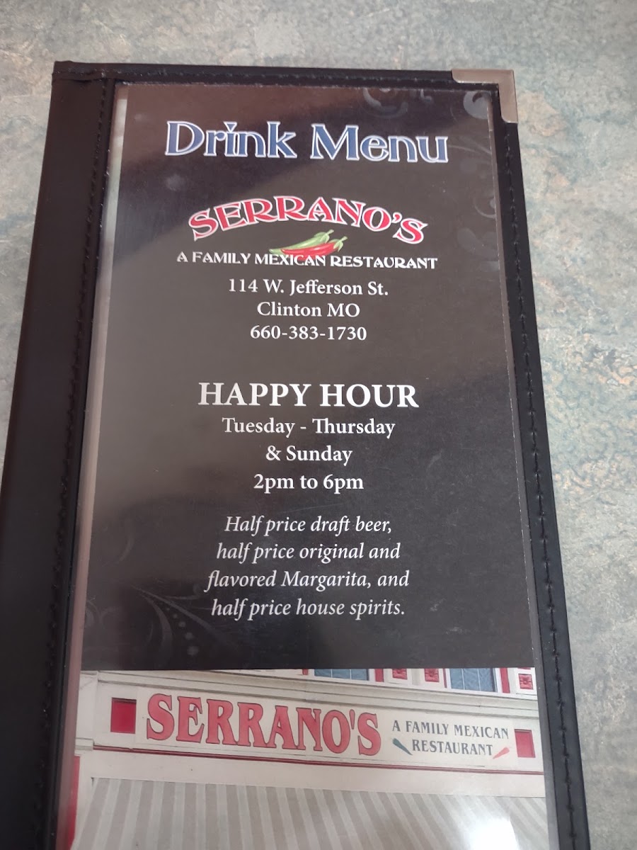 Serrano's A Family Mexican Restaurant menu board