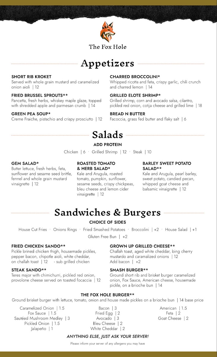 The Fox Hole menu board