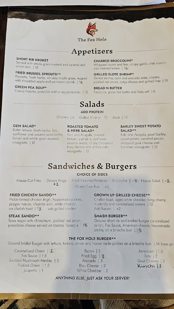 The Fox Hole menu board