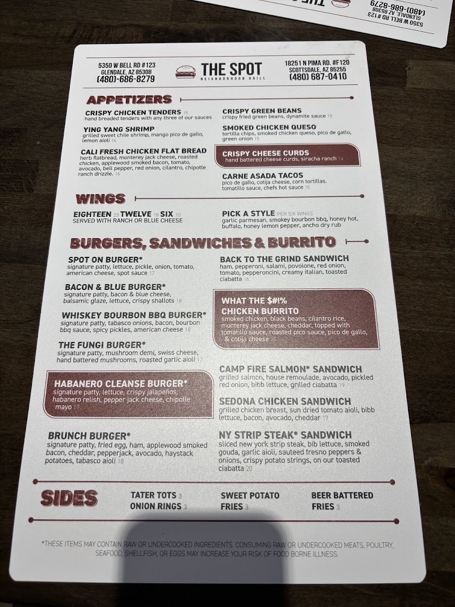 The Spot Neighborhood Grill menu board