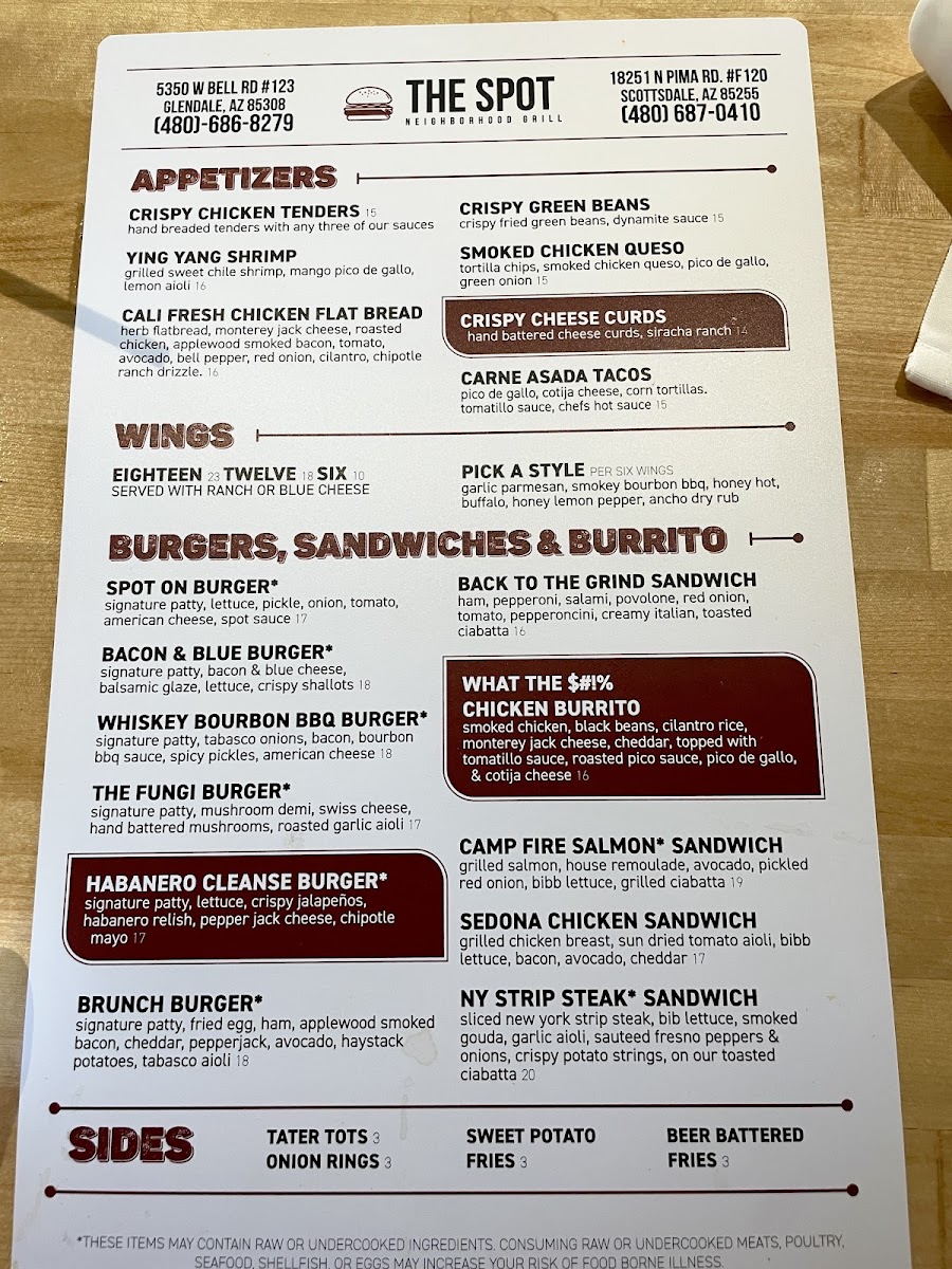 The Spot Neighborhood Grill menu board
