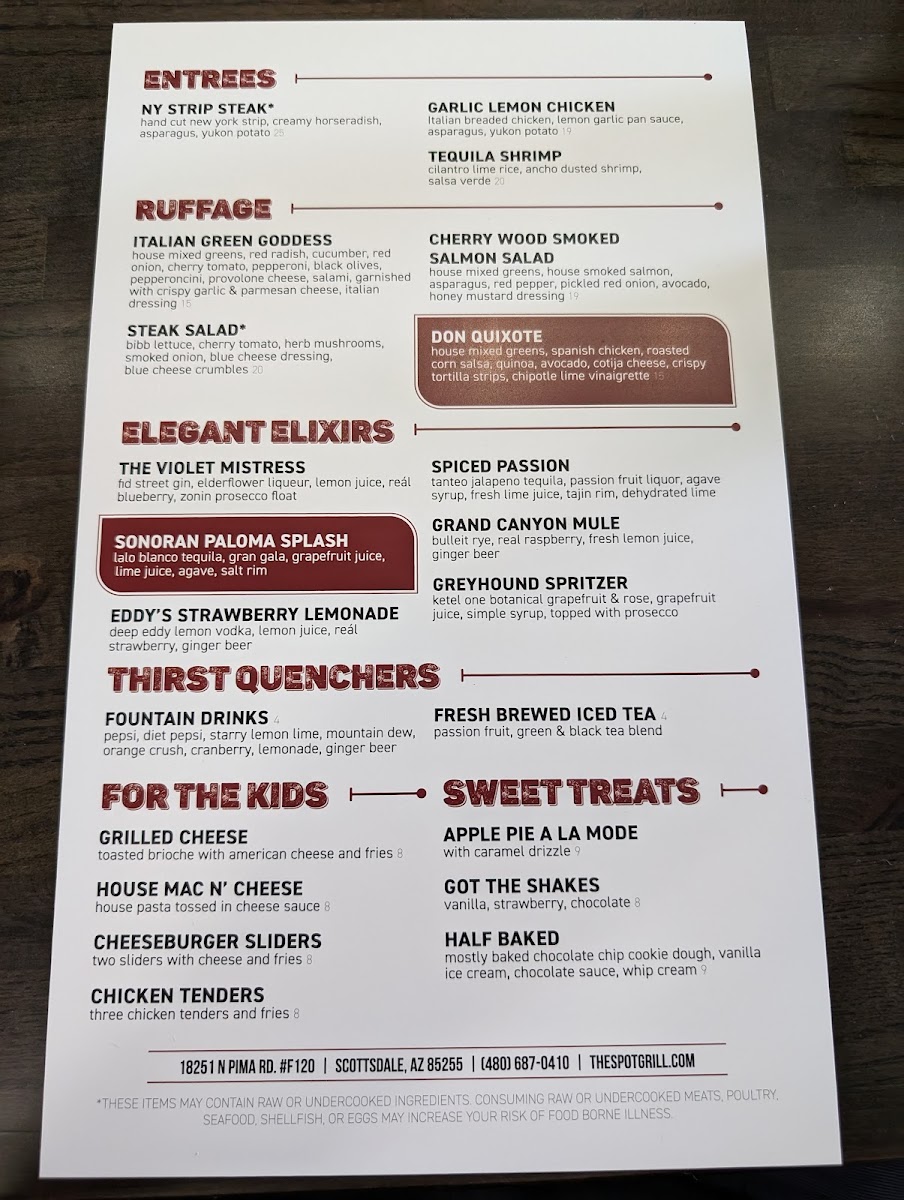 The Spot Neighborhood Grill menu board