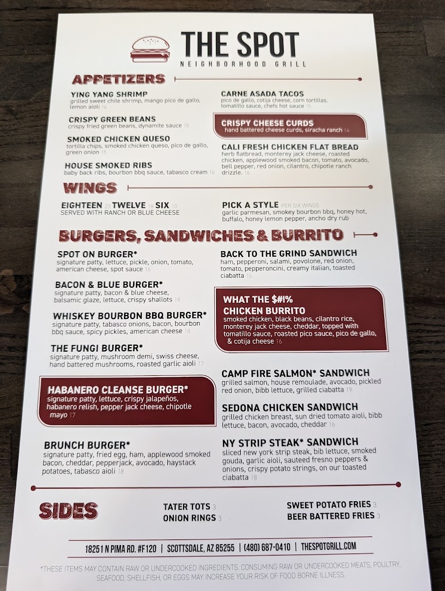 The Spot Neighborhood Grill menu board