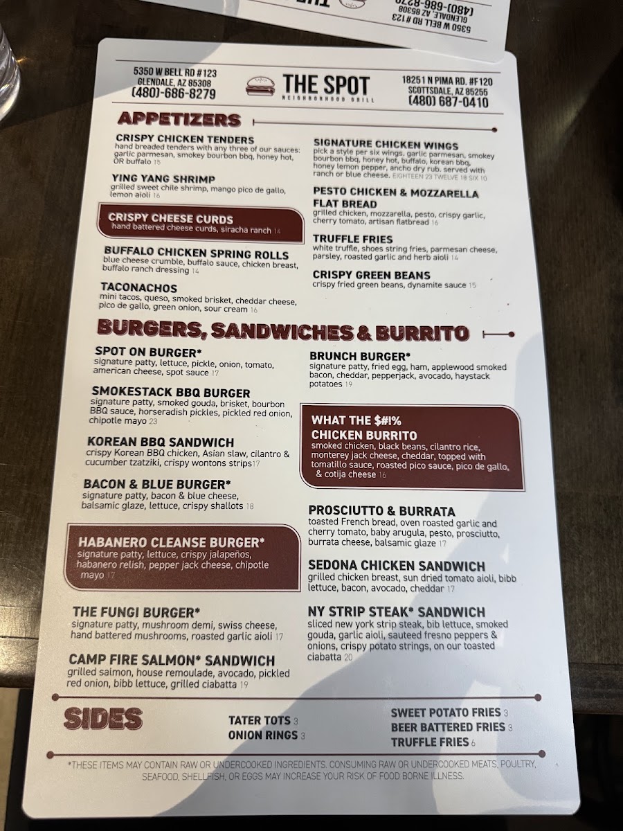 The Spot Neighborhood Grill menu board