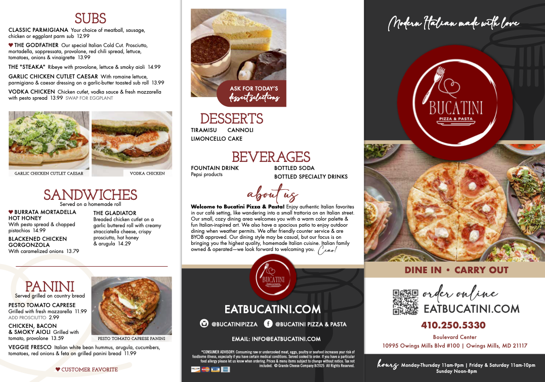 Bucatini Pizza & Pasta menu board