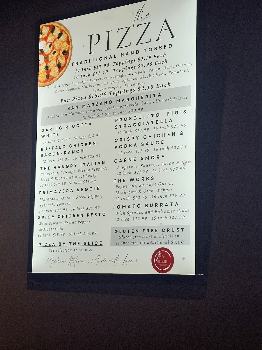 Bucatini Pizza & Pasta menu board